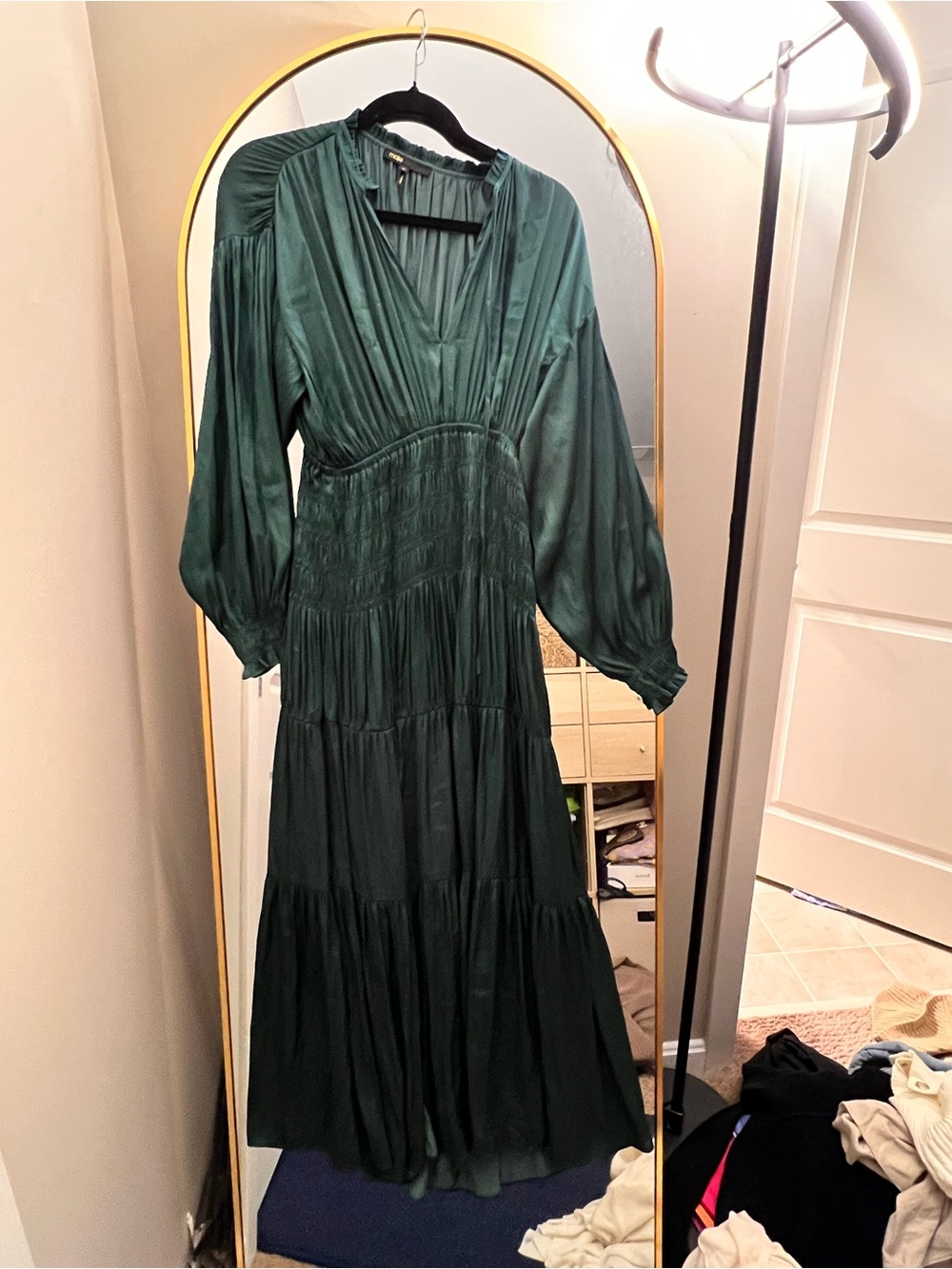 Maje Emerald Green Long Sleeve Tiered Maxi Dress